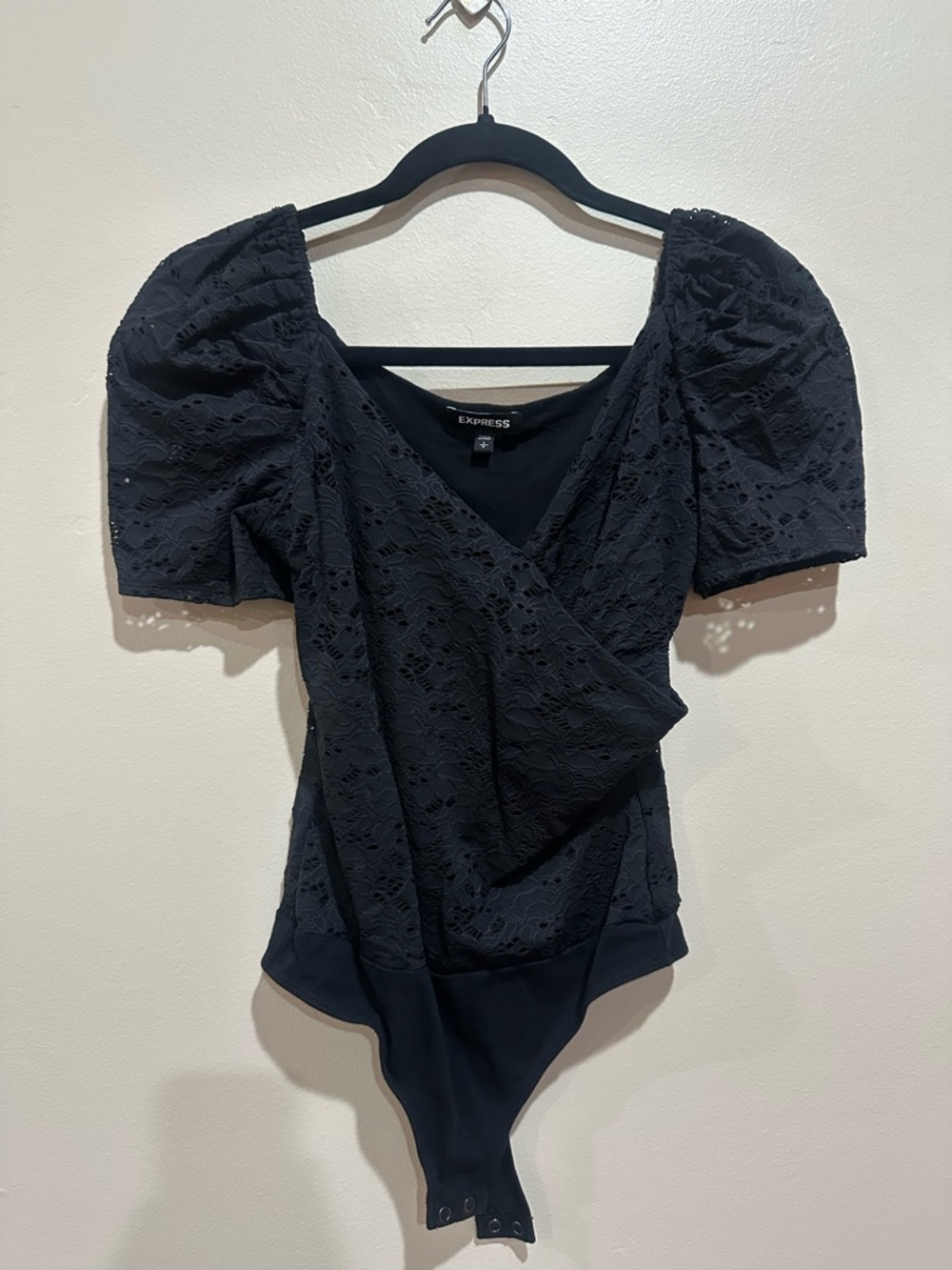 Express Black Lace Puff-Sleeve Wrap Bodysuit